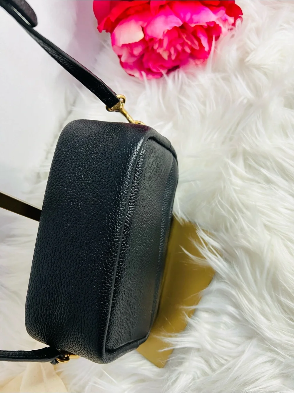 Tory Burch Black Pebbled Leather Perry Bombe Mini Crossbody with Gold Hardware